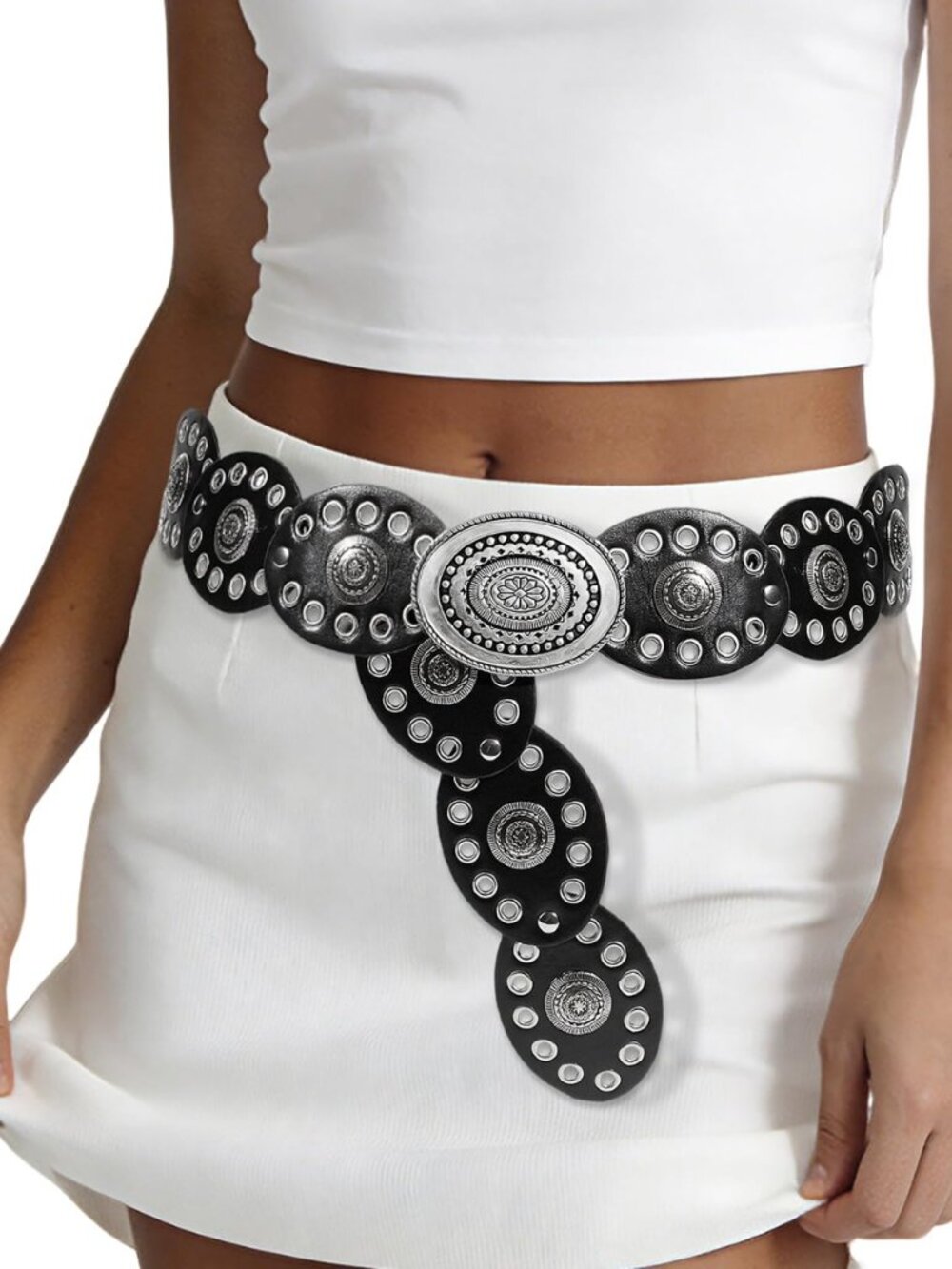 Leather Western Boho Belts for Woman, 53.1inch Concho Vintage Belt for womens